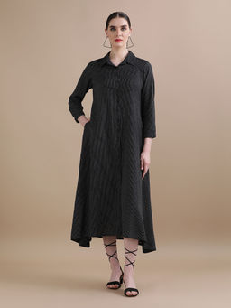 Black & Blah Blah - Relaxed Fit Kantha Printed A-Line Pure Cotton Monochrome Midi Dress