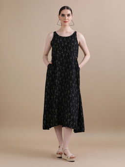 Black & Blah Blah - Relaxed Fit Trendy Printed A-Line Liva Rayon Monochrome Midi Dress