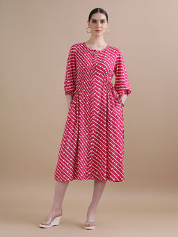 Black & Blah Blah - Relaxed Fit Stripes Printed Flared and Tie-up Liva Rayon Midi Dress