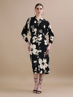 Black & Blah Blah - Relaxed Fit Floral Printed Front Slit Liva Rayon Monochrome Midi Dress