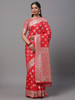 Akhilam - Women Silk Blend Red Woven Design Saree with Unstitched Blouse Piece