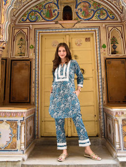DIMPLE DESIGN STUDIO - Cobalt Blue Floral Kurta with Pant (Set of 2)