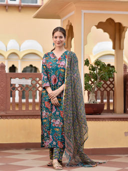 DIMPLE DESIGN STUDIO - Royal Teal Floral Kurta with Pant & Dupatta (Set of 3)
