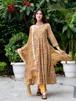 DIMPLE DESIGN STUDIO - Mustard Jaal Floral Anarkali Kurta with Pant & Dupatta (Set of 3)
