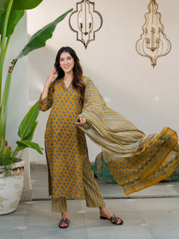 DIMPLE DESIGN STUDIO - Ochre Yellow Floral Kurta with Pant & Dupatta (Set of 3)