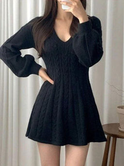 MISS MOSA BY AKANKSHA - Black Taron Knitted A- Line Dress