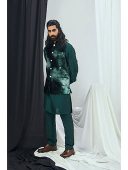 Nirmooha - Emerald Nokia Silk Kurta with Pant and Blotch Printed Velvet Bandi (Set of 3)