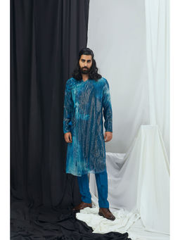 Nirmooha - Jade Blue Blotch Printed and Hand Embroidered Angrakha Kurta with Pant (Set of 2)