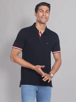 AD By Arvind - Striped Sleeve Solid Polo Shirt Navy Blue