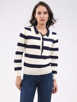 Global Republic - Navy Blue Viscose Striped Collar Neck Top
