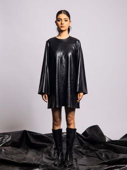 AOBA - Women Silver-Toned Leather Flared Sleeves A-Line Dress