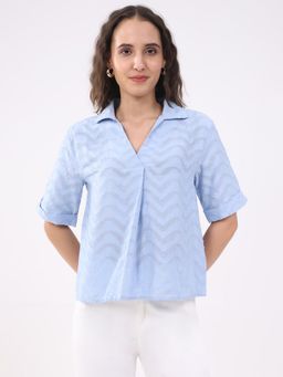 Global Republic - Blue Cotton Self Design Collar Neck Top