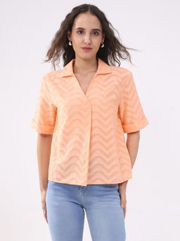 Global Republic - Peach Cotton Self Design Collar Neck Top