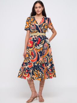 Cover Story - Multicolour Printed Wrap Dress with Belt