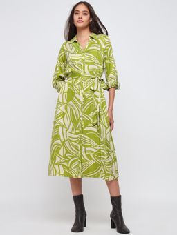 Cover Story - Lime Green Printed Dress with Belt