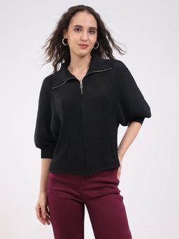 Global Republic - Black Polyester Textured Collar Neck Top