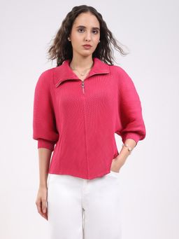 Global Republic - Pink Polyester Textured Collar Neck Top