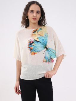 Global Republic - Beige Polyester Butterfly Print Top