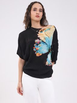 Global Republic - Black Polyester Butterfly Print Top
