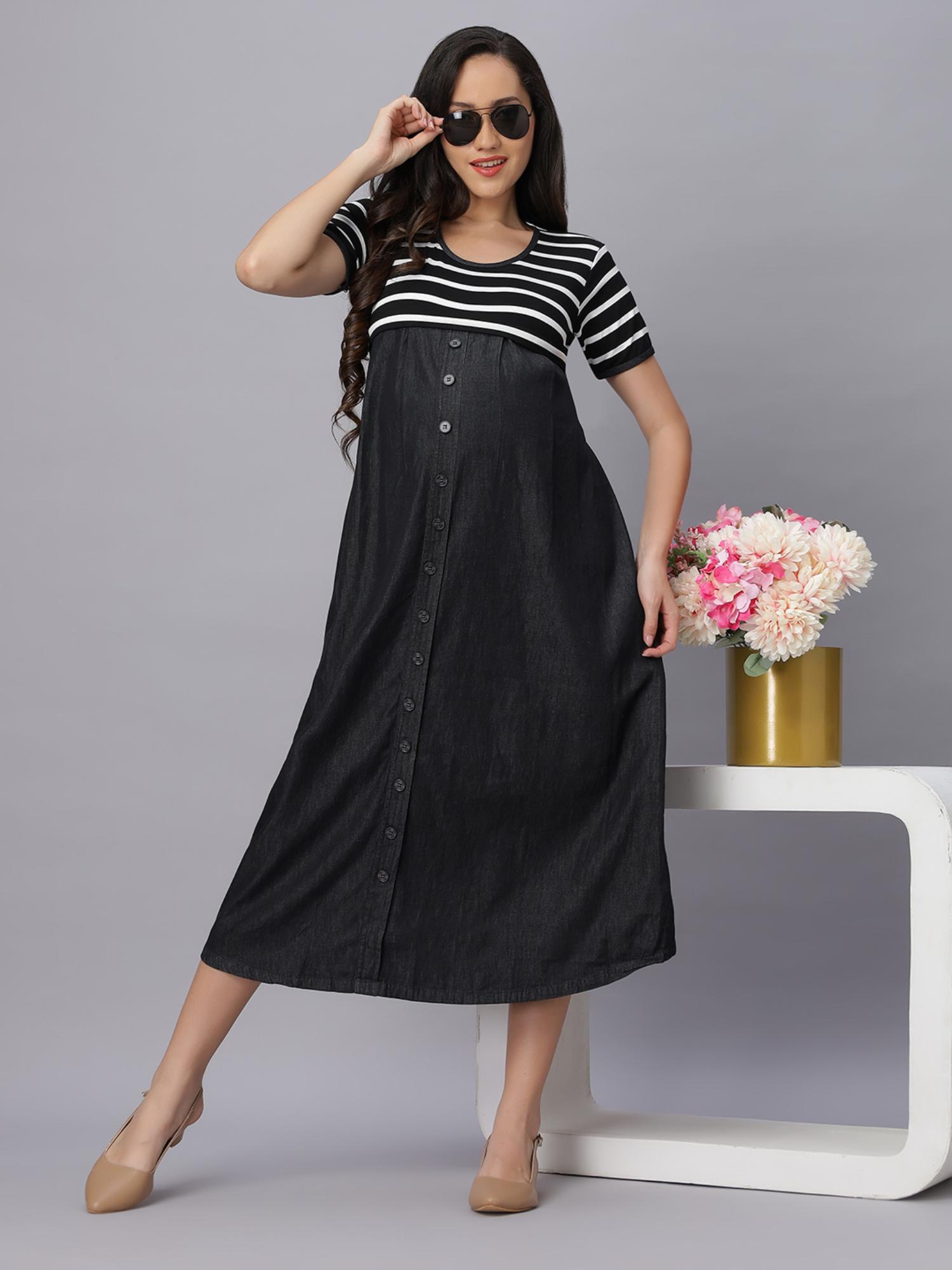 mamma's maternity Black Short Sleeves Stripes Rayon Denim Maternity Dress-picture-17