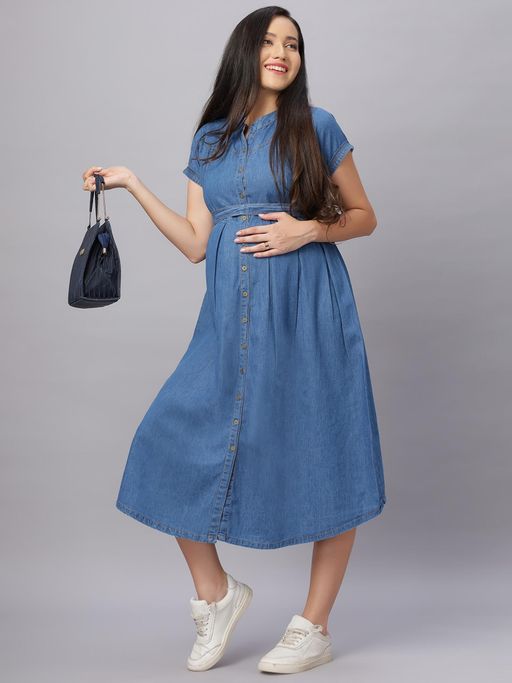 denim maternity dress The Kiley Mini line silhouette leaves room for your growing bump in this chic denim dress styled with puff sleeves and tiered seams. Emmy Maternity Dress in Denim
