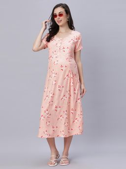 Mamma's Maternity - Peach Floral Round Neck Maternity/Feeding Short Dress