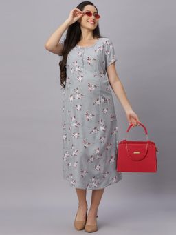 Mamma's Maternity - Grey Floral Round Neck Maternity/Feeding Short Dress