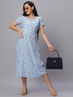 Mamma's Maternity - Arctic Blue Floral Round Neck Maternity/Feeding Short Dress