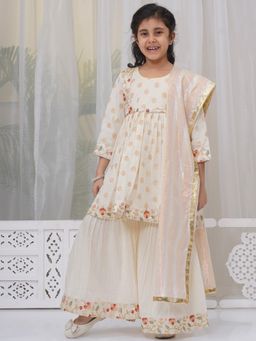 Little Bansi - Girls Kurta with Sharara and Dupatta -Cream (Set of 3)