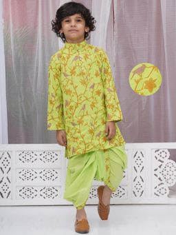 Little Bansi - Boys Kurta and Dhoti with Floral Bird Embroidery-Green (Set of 2)