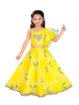 Pragya Exclusive - Yellow Floral Printed Top and Mirror Work with Lehenga (Set of 2)