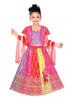 Pragya Exclusive - Multicolour Kali Ghaghara Jacket with Dupatta Set (Set of 3)