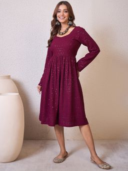 InWeave - Chikankari Sweetheart Wine Dress