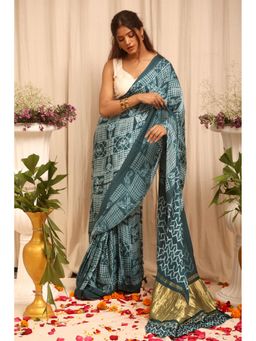 BEGUM BELIYA - Celeste Ajrakh Blue Saree with Unstitched Blouse