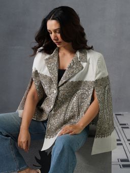 Kashmir Box - Nayaab Sozni Embroidered Notch Collar Woollen White Jacket