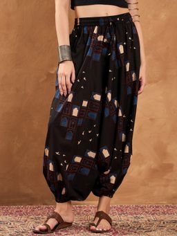 InWeave - Black Window Print Cowl Harem Pant