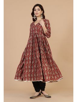 Tjori - Hand Block Baagh Print Flared Maroon Kurta