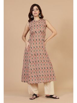Tjori - Baagh Hand Block Printed Sleeveless A-Line Beige Kurta