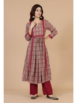 Tjori - Printed Gathered Red Kurta