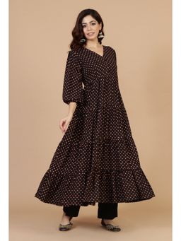 Tjori - Rayon Polka Printed Tiered Black Kurta