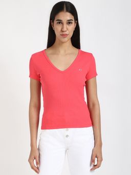 Tommy Hilfiger - Pink Women Casual V-Neck T-Shirt