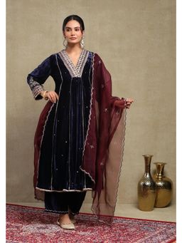 DOHR INDIA - Anam Navy Blue Embroidered Kurta with Pant and Dupatta