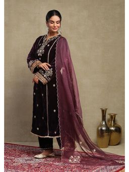 DOHR INDIA - Leena Purple Embroidered Silk Velvet Handcrafted Kurta with Pant and Dupatta