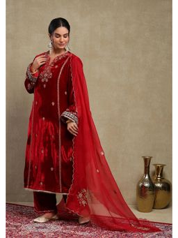 DOHR INDIA - Leena Cherry Red Embroidered Silk Velvet Kurta with Pant & Dupatta