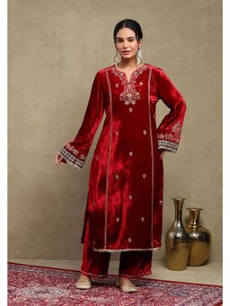 DOHR INDIA - Leena Cherry Red Embroidered Silk Velvet Handcrafted Kurta with Pant