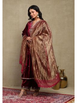 DOHR INDIA - Sahira Plum Embroidered Silk Velvet A-Line Kurta with Pant and Dupatta
