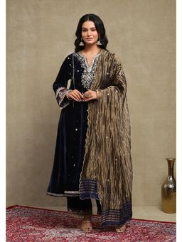 DOHR INDIA - Sahira Navy Blue Embroidered Silk Velvet A-Line Kurta with Pant and Dupatta