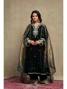 DOHR INDIA - Sahira Forest Green Embroidered Silk Velvet A-Line Kurta with Pant and Dupatta