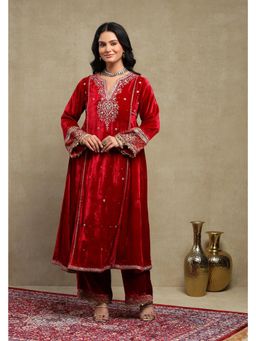DOHR INDIA - Sahira Cherry Red Embroidered Silk Velvet A-Line Kurta with Pant