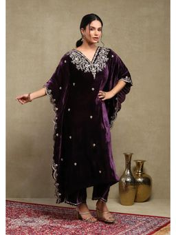 DOHR INDIA - Zainab Purple Embroidered Silk Velvet Kaftan with Pant